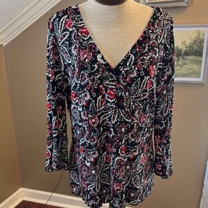 New Directions Black and Red Paisley V-Neck Blouse